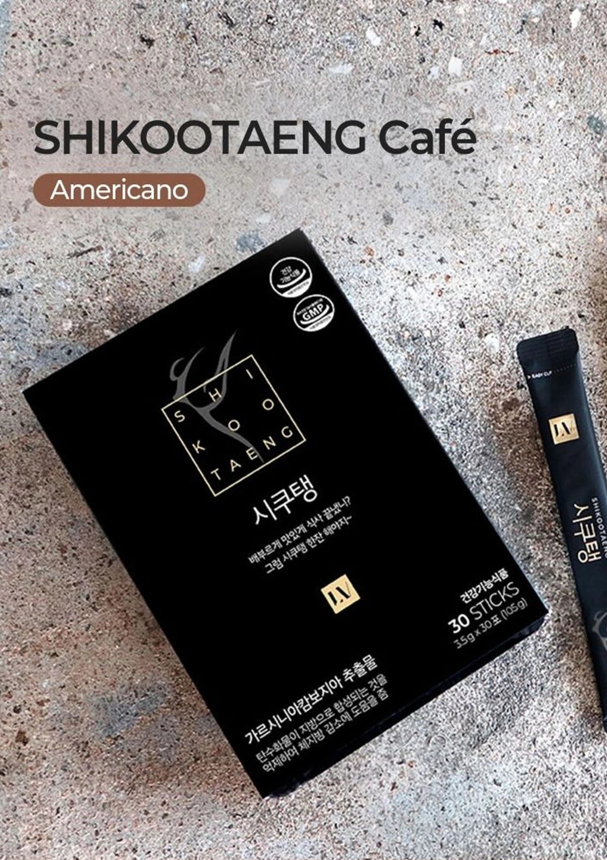 Packaging of SHIKOOTAENG Diet Coffee Americano with text detailing product information, branding, and dietary claims.